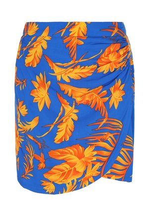 Kék szoknya narancssárga virág- és levélmintákkal, fodros kialakítással és átkötős stílussal. Sima textúrájú, térd hosszúságú.