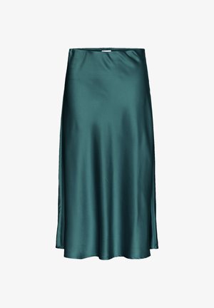 Satin A-line midi krilo v temno zeleni barvi z gladko teksturo in stranskimi razporki, ki ima srednje visok pas in tekočo silhueto.