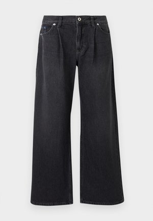 Schwarze Jeans mit weitem Bein aus Denim, ausgestattet mit einer vorderen Knopfverschluss, zwei vorderen Taschen und einem klaren Finish ohne Verzierungen.