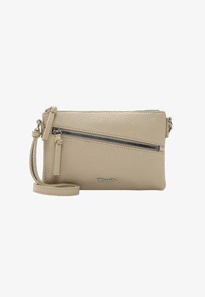 Beige textured leather crossbody bag with angled front zipper pocket, two zipper pulls, and adjustable strap.
