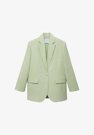 Lichtgroene blazer met een gestructureerd ontwerp, enkele knoopsluiting, ingezette revers en twee voorkeurszakken. Gladde stoftextuur.