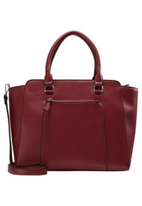 Bordowa skórzana torebka z podwójnymi górnymi uchwytami, odpinanym paskiem na ramię i przednią kieszenią na zamek. Gładka faktura i usztywniona konstrukcja.