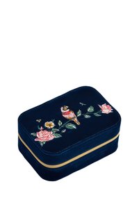 Navy samettinen suorakulmainen korurasia, jossa on kukkakirjonta lintujen ja ruusujen kuvalla, kultainen vetoketju ja pehmeä pinta.