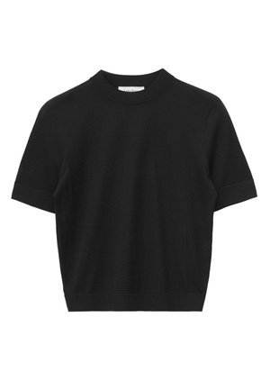 Black short-sleeve knit sweater with crew neck and ribbed cuffs and hem, displayed against a white background.