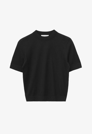 Black short-sleeve knit sweater with crew neck and ribbed cuffs and hem, displayed against a white background.