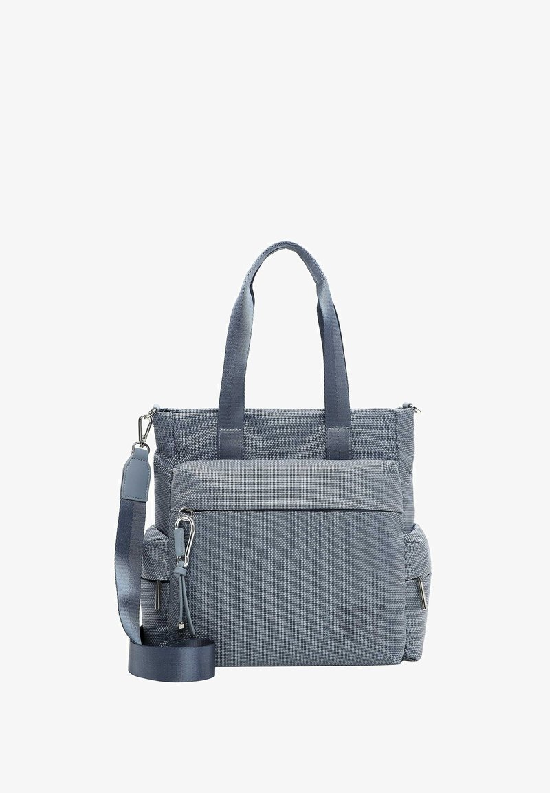 Grey fabric tote bag with two short handles, a detachable shoulder strap, zip closure, front pocket, and textured surface pattern.