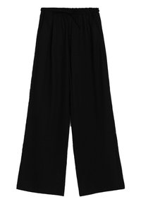 Svarta vida byxor med elastiskt midjeband och dragsko. Tillverkade av ett mjukt, slätt tyg. Har två sidofickor.