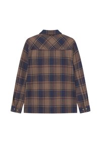 Brązowa i granatowa koszula w kratę z długimi rękawami, zapinanymi mankietami i kołnierzykiem. Posiada wykończenie w kształcie joku z tyłu i kwadratowy krój.