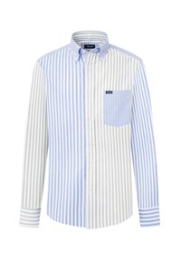 Hemd mit Knopfverschluss in abwechselnd hellgrau und blauen vertikalen Streifen. Verfügt über eine Tasche, Kragen und kontrastierende Ärmel mit blauen Streifen.