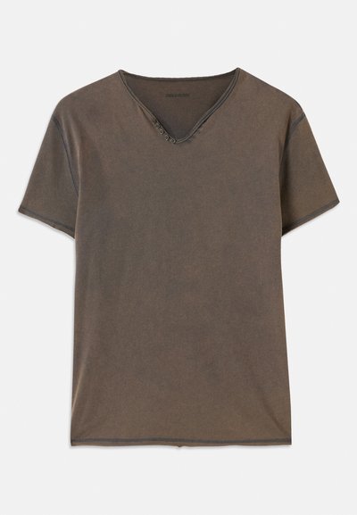 Brown short-sleeve T-shirt with a V-neck, four decorative buttons near the neck, and contrasting stitching along the edges.