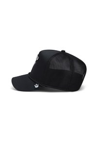 Black baseball cap with a curved brim, mesh back, and embroidered logo on the front. Features a snapback closure for size adjustment.