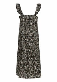 Vestido negro con flores, con tirantes con volantes, que presenta un diseño suelto y fluido con pequeños patrones de flores multicolores en toda la prenda.