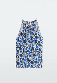 Top senza maniche in tessuto leggero, con un motivo floreale blu e marrone su sfondo bianco. Lacci sul collo sul retro.
