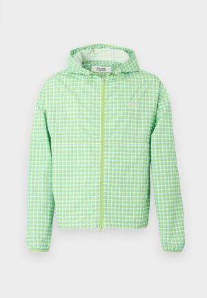 Grün-blau kariertes Kapuzenjacke mit Reißverschluss vorne und elastischen Bündchen, leichtes Gewebe und dezentes Logo auf der linken Brust.