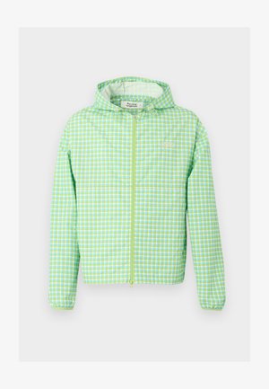 Grün-blau kariertes Kapuzenjacke mit Reißverschluss vorne und elastischen Bündchen, leichtes Gewebe und dezentes Logo auf der linken Brust.