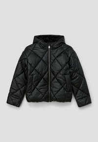 Zwarte gestikte capuchonjacket met voorrits en twee zijzakken, gewatteerd voor warmte.