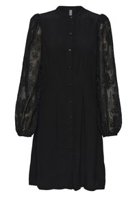 Black knee-length dress with sheer floral lace long puff sleeves and front row of black buttons.