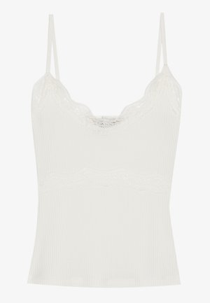 Witte ribbelachtige camisole met kantafwerking bij de halslijn en de zoom, voorzien van dunne verstelbare schouderbanden en een aansluitende pasvorm.