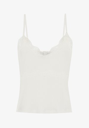 Witte ribbelachtige camisole met kantafwerking bij de halslijn en de zoom, voorzien van dunne verstelbare schouderbanden en een aansluitende pasvorm.