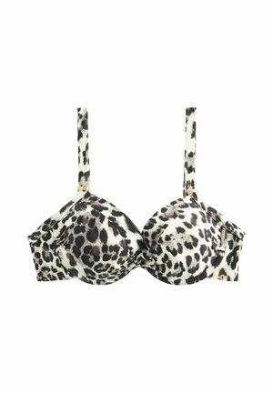 Reggiseno imbottito a stampa leopardata in bianco e nero con spalline regolabili, texture liscia e dettaglio in oro sul lato.