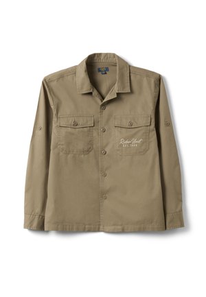 Khakifarbenes Langarmhemd mit Kragen, Knopfleiste, zwei mit Knopf verschließbaren Brusttaschen und dem Text "Rider Unit EST. 1986" auf der rechten Tasche.