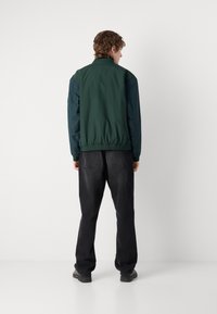 Jachetă bomber verde și albastră cu manșete și tiv elastic, purtată cu pantaloni negri conici, văzută din spate pe un fundal simplu.