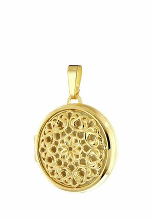 Runder goldener Medaillon-Anhänger mit filigranem offenem Blumen- und Wirbel-Design und einer glatten Öse für eine Kette.