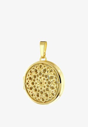 Runder goldener Medaillon-Anhänger mit filigranem offenem Blumen- und Wirbel-Design und einer glatten Öse für eine Kette.