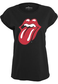 Sort t-shirt lavet af bomuld med et rødt og hvidt Rolling Stones logo-tryk af læber og en tunge på forsiden. Rund halsudskæring.