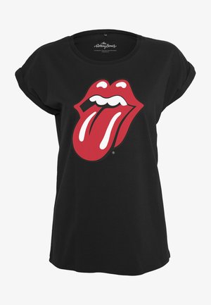 Schwarzes T-Shirt aus Baumwolle mit einem roten und weißen Rolling Stones-Logo, das Lippen und Zunge auf der Vorderseite zeigt. Rundhalsausschnitt.