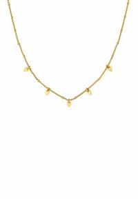 Collar en tono dorado con pequeños colgantes en forma de hoja, cadena delicada, eslabones ovalados y un acabado pulido. La longitud total es ajustable.