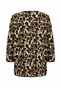Tryckt blus med leopardmönster i bruna, svarta och olivgröna toner. Löst snitt med trekvartsärmar och rund halsringning.