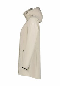 Beige waterdichte jas met capuchon, lange mouwen en een relaxte pasvorm. Inclusief logo-detail op de mouw en zijzakken.