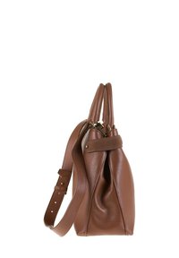 Sac à main en cuir marron texturé avec double poignées et bandoulière réglable, présenté de côté sur un fond blanc.
