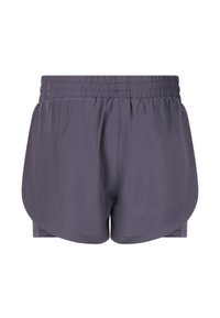 Lila idrottsshorts med elastisk midja, med rundad fåll och slät textur. Inga synliga mönster eller hårdvarudetaljer.
