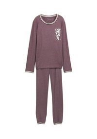 Bordeaux relaxset met lange mouwen en broek. Heeft een ronde halslijn met contrasterende witte afwerking en een grafische print op de top.