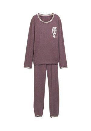 Ensemble de vêtements de détente bordeaux avec manches longues et pantalon. Il présente un col arrondi avec une bordure blanche contrastante et un imprimé graphique sur le haut.