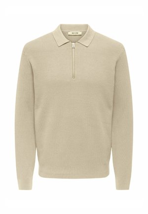Beige långärmad stickad tröja med krage och framdragkedja, ribbad textur och manschettärmar.
