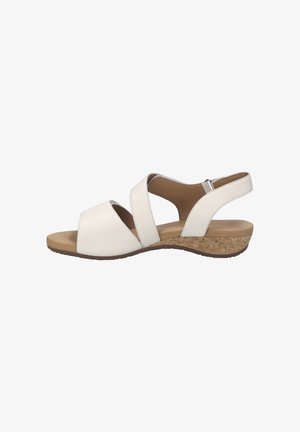 Sandalo da donna bianco con punta aperta, con due ampie fasce, cinturino posteriore regolabile, soletta imbottita e basso tacco a zeppa in sughero.