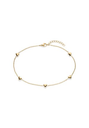 Delikat guldkædearmbånd med fem jævnt fordelt små hjerteformede charms og en hummerlås med forlængerkæde.