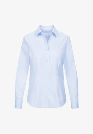 Camicia azzurro chiaro a maniche lunghe con colletto, chiusura frontale a bottoni e una sottile trama. Presenta cuciture sartoriali e polsini con bottoni.
