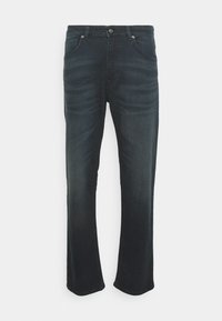 Mörk tvättade denimjeans med rak bendesign, som har en klassisk femfickstil och metallknappstängning i midjan.