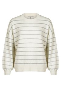 Cremefarbener Pullover mit silbernen horizontalen Streifen, weiten Ärmeln und gerippten Bündchen. Weicher Stoff und lässige Passform. Runder Ausschnitt.