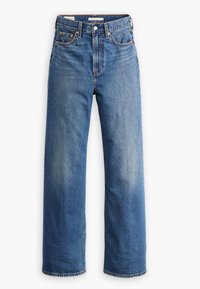 Jean en denim bleu à coupe droite avec poches avant, passants de ceinture, fermeture par bouton et fermeture éclair.
