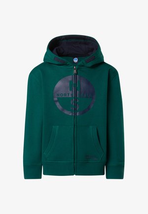 Grüne, weiche Kapuzenjacke mit Reißverschluss, ausgestattet mit einem großen maritimen Logo auf der Vorderseite, Fronttaschen und einer Kapuze mit Kordelzug.