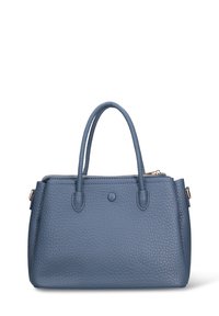 Borsa tote in pelle blu testurizzata con due manici, chiusura con zip e dettaglio frontale con bottone. Presenta una forma strutturata e dettagli lisci.