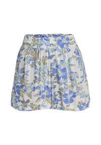 Bloemachtige shorts met een elastische tailleband, met blauwe en gele bloempatronen op een lichte achtergrond. Gemaakt van zachte, ademende stof.