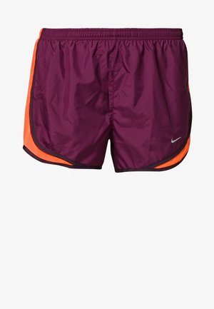 Short de sport violet avec des panneaux latéraux orange et un petit logo Nike blanc sur la jambe avant droite, avec une taille élastique.