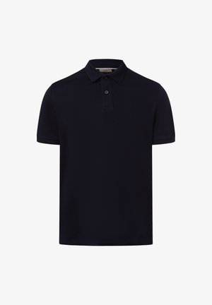 Navyblaues Poloshirt mit kurzen Ärmeln, aus strukturiertem Stoff, mit einem klassischen Kragen und einer Knopfleiste mit zwei Knöpfen.