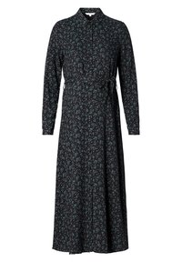 Robe mi-longue noire à manches longues avec imprimé de petites feuilles vert foncé, boutonnée sur le devant, avec col et ceinture nouée à la taille.